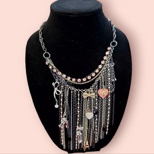 Layered chain Waterfall Charm Necklace 30" 15" drop Black & Silver